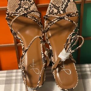 Adams Snake-Print Strappy Sandals in Brown